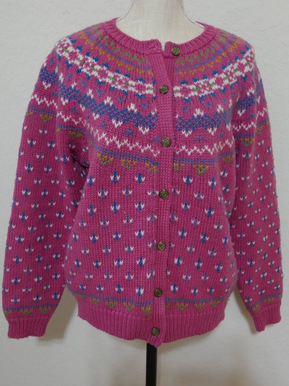 Northern Isles Pink Vintage Women's Cardigan Sweater Nordic Knit Pattern XL VTG